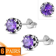 Vintage Royal Crown Celtic Amethyst CZ Sterling Silver Stud Earrings - e455